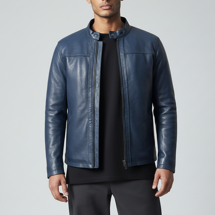 Bold Blue Leather Jacket with White Premium Fur