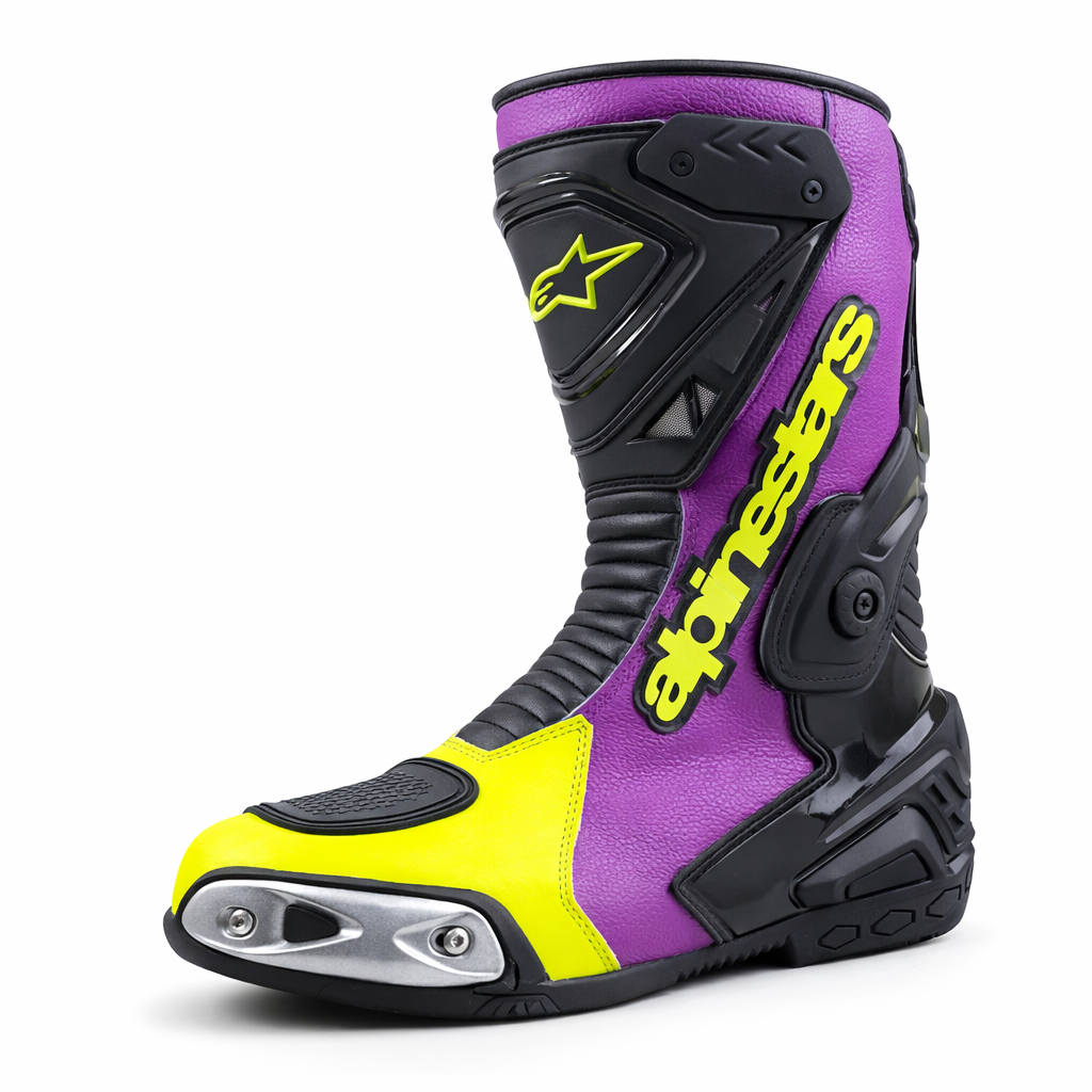 Alpinestars Motorcycle Racing Boots | Purple & Neon Edition
