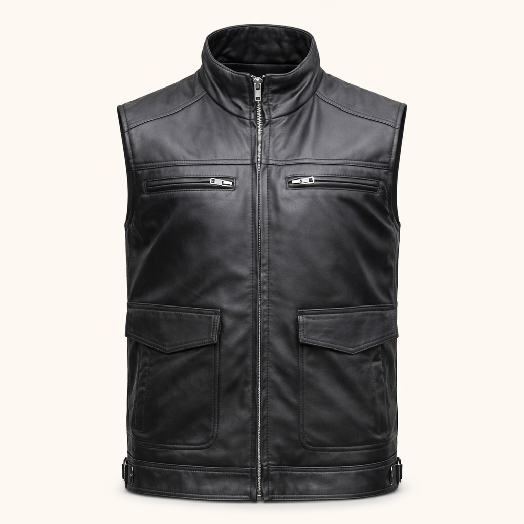 Black Leather Biker Vest for men