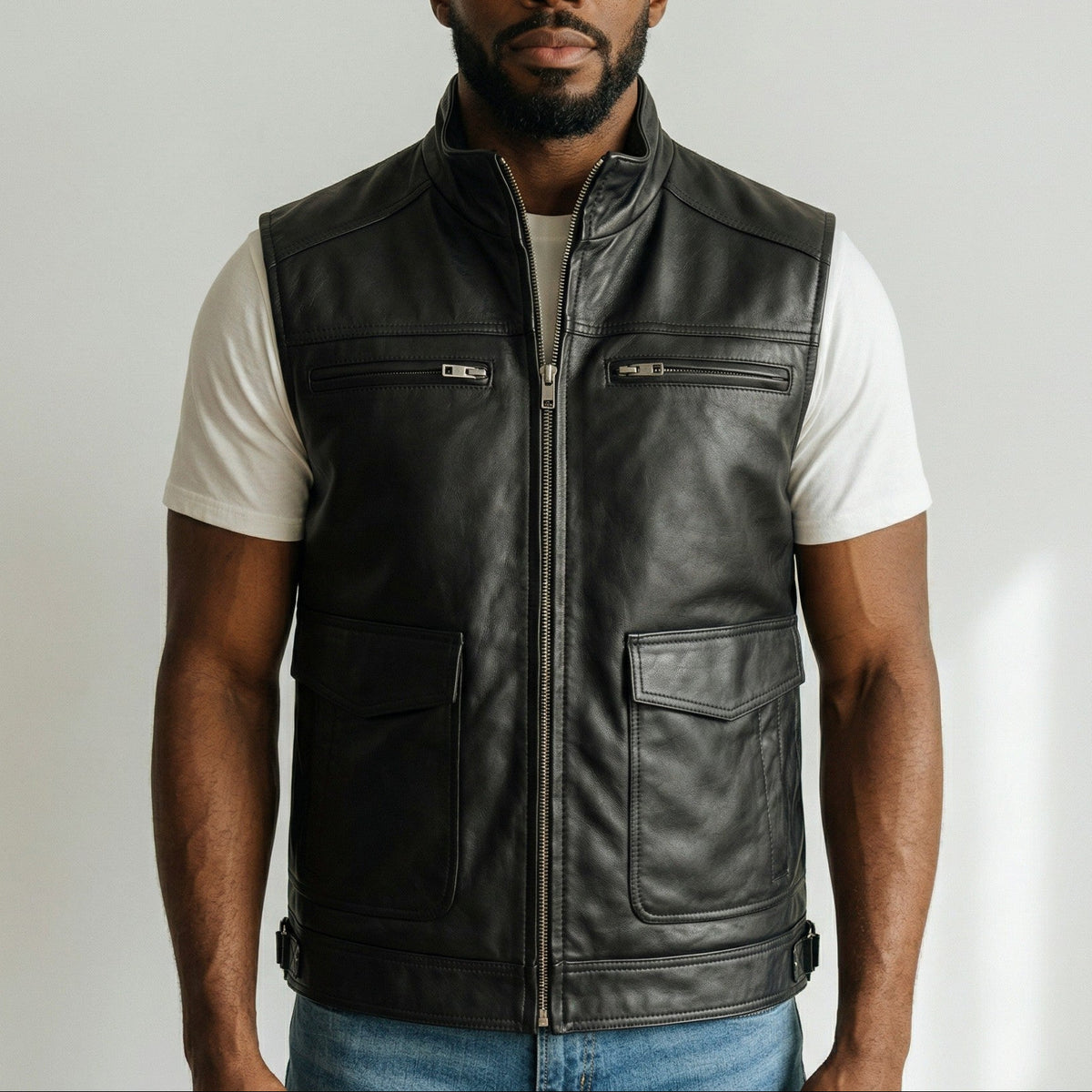 Black Leather Biker Vest for men