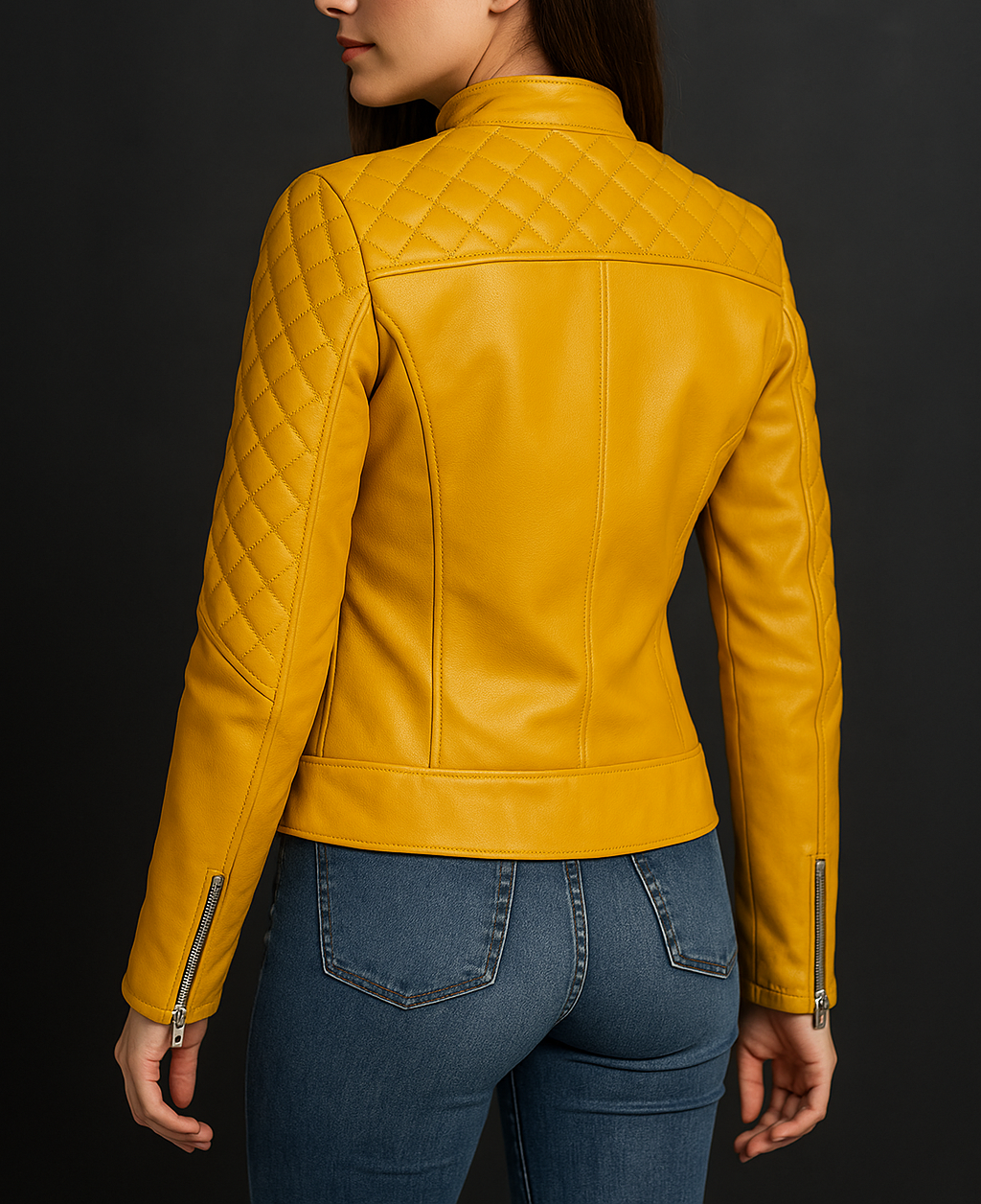 Yellow classic women&#39;s leather jacket