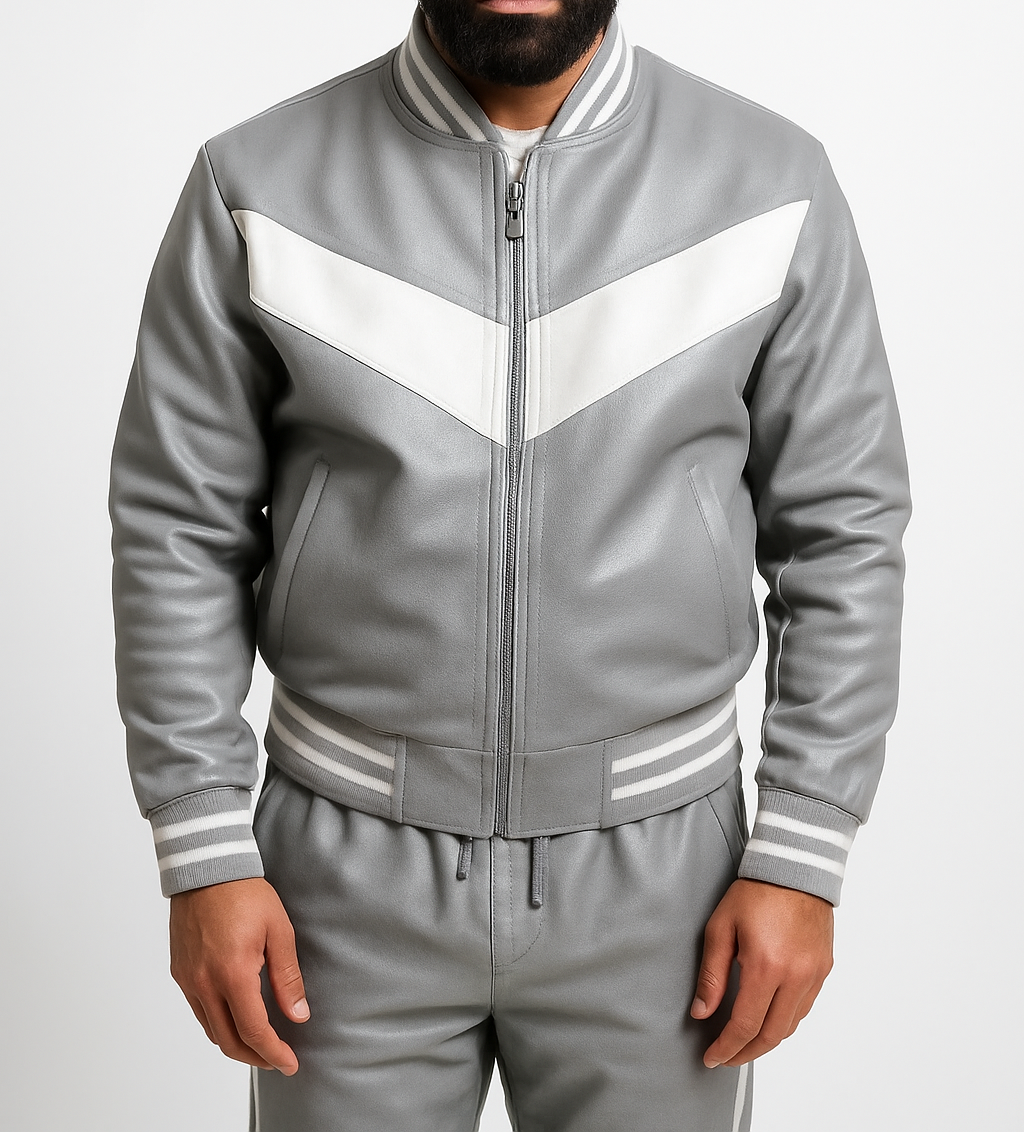 Gray tracksuit with white accents on a plain background