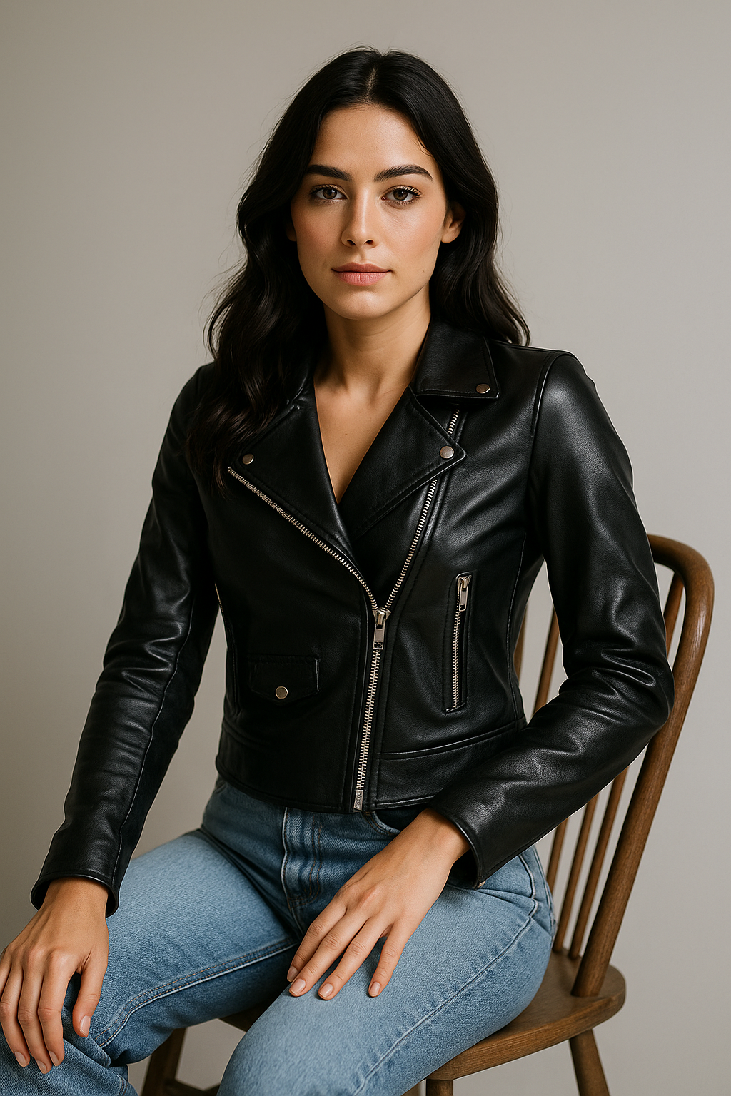 Women&#39;s Slim fit Soft Lamb Skin Black biker leather jacket
