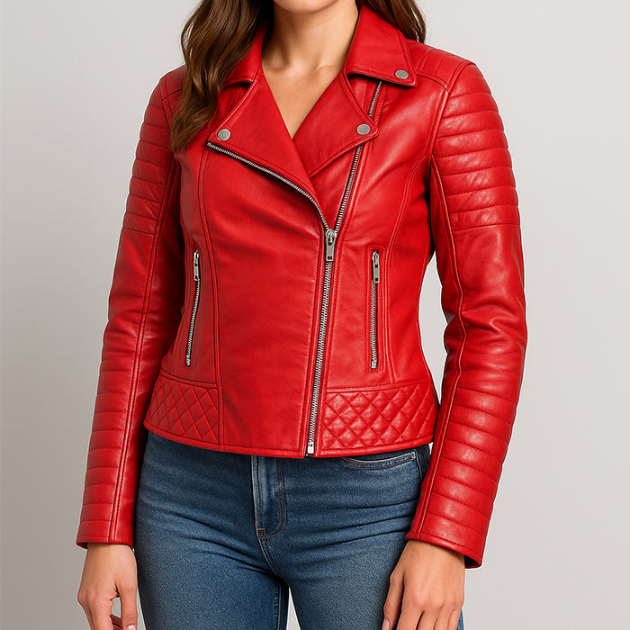 Women Boda Style Quilted Red Biker Leather Jacket