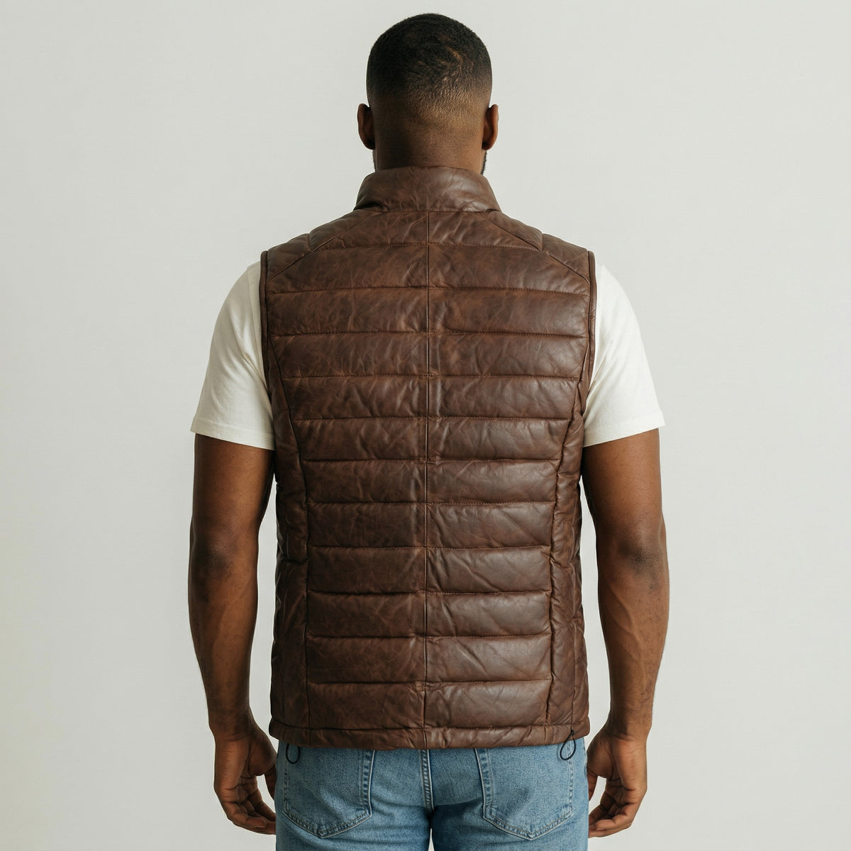 Brown Leather Men's Puffer Vest Jacket