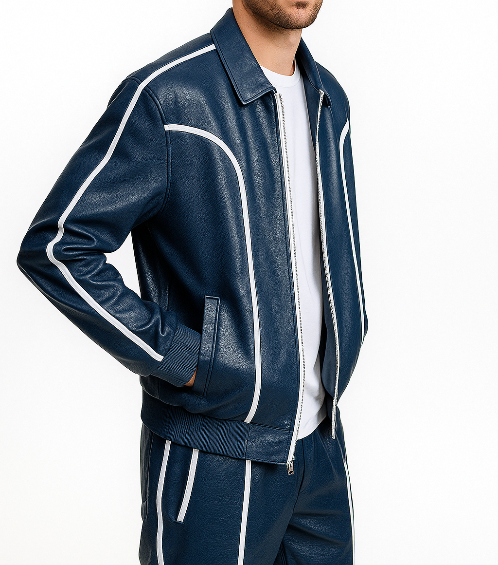 Men's Blue Leather Track Suit Sweatsuit