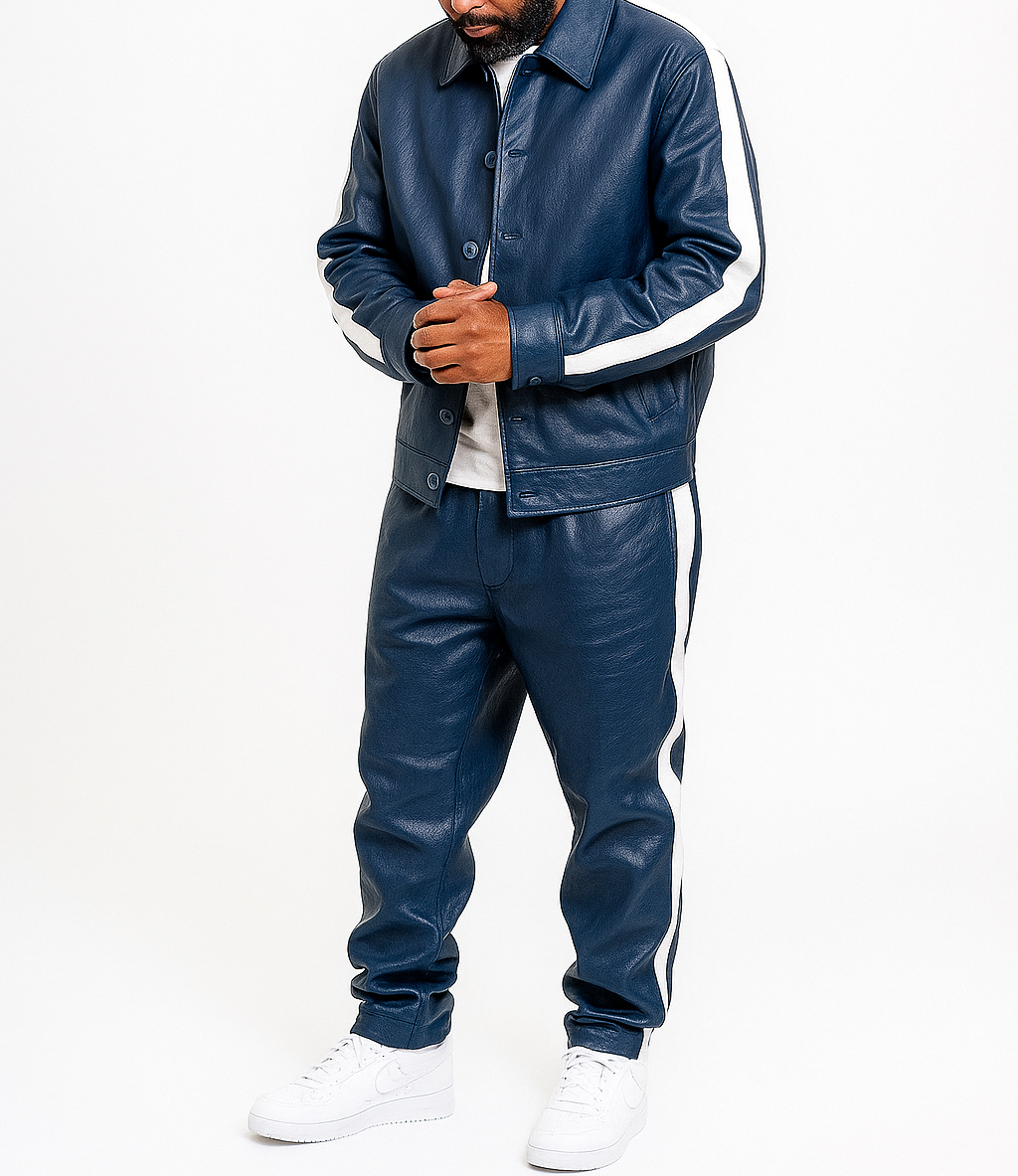 Men's Blue Leather Track Suit jogging Sweatsuit