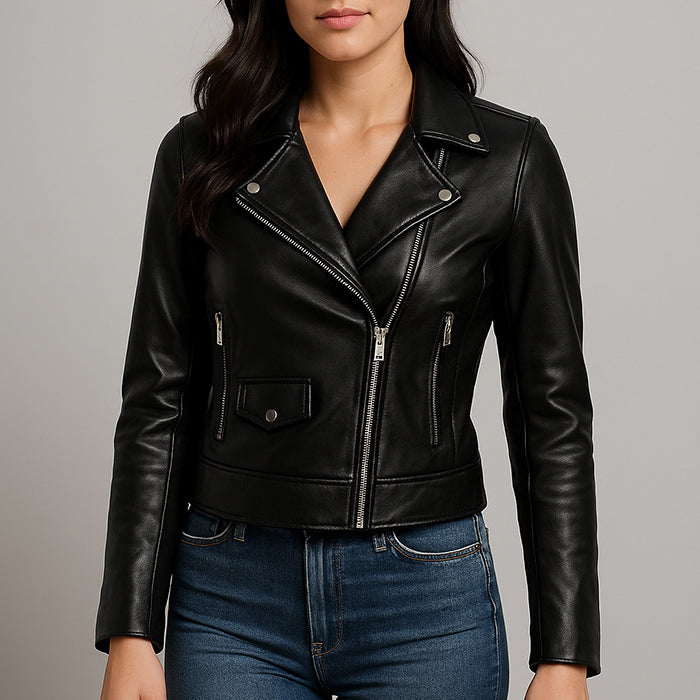 Women&#39;s Slim fit Soft Lamb Skin Black biker leather jacket