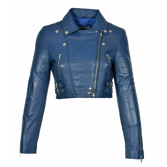 cropped Blue women&#39;s leather jacket