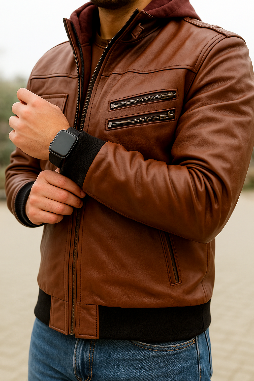 Hooded brown leather biker jacket for men&#39;s