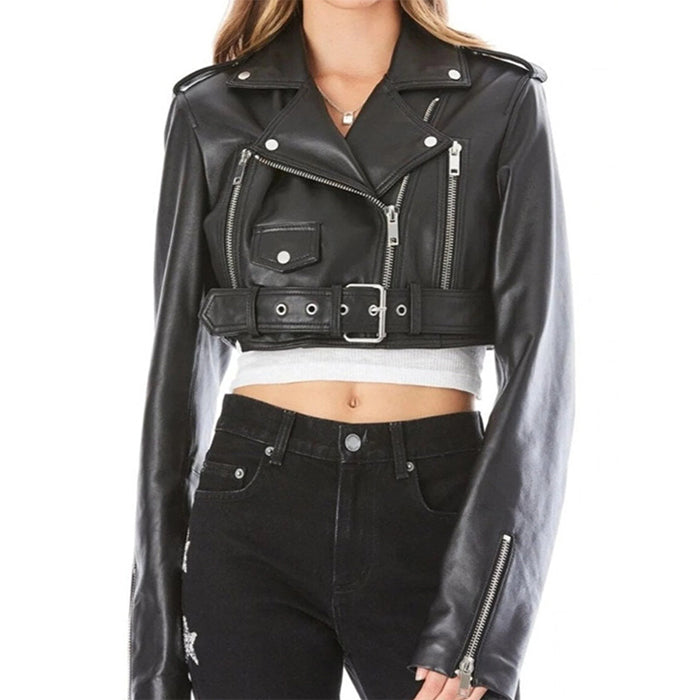 Cropped Belted Black Leather Jacket for Women