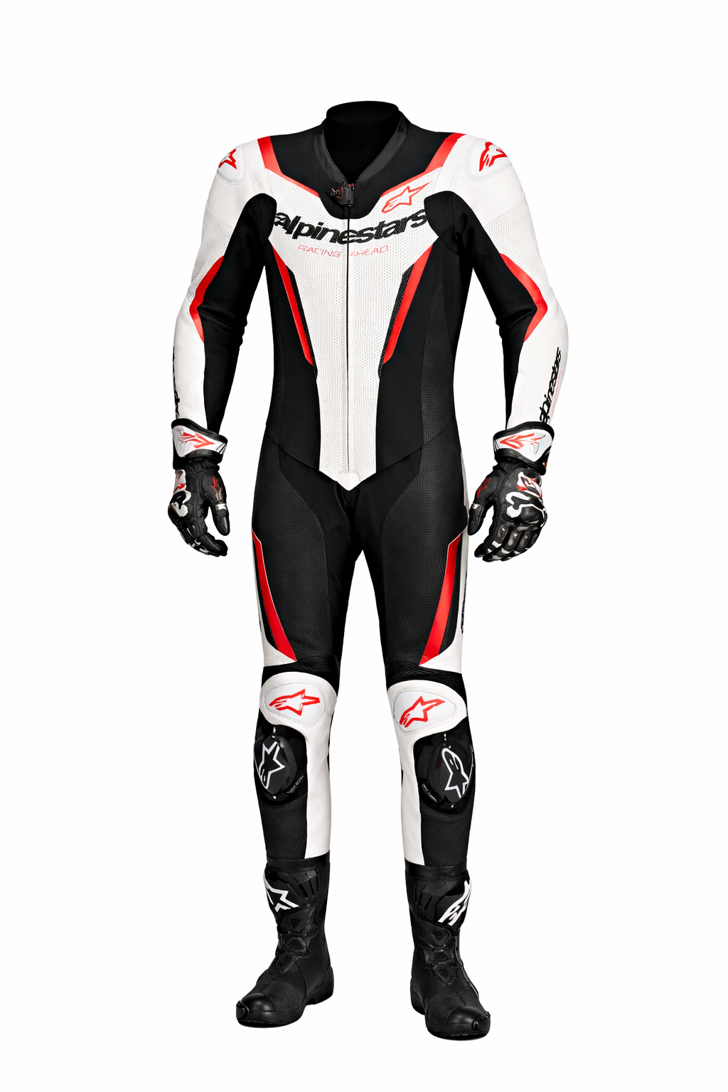 Alpinestars Motorcycle racing suit with red and black accents on a white background