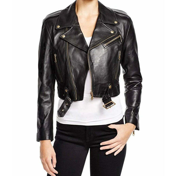 Women&#39;s Cropped Belted Black Leather Jacket