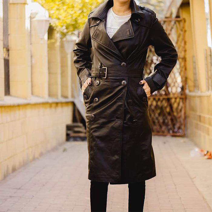 Double Breasted Premium Leather Trench Coats for women