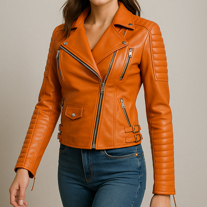 Women&#39;s Cropped orange Leather Jacket
