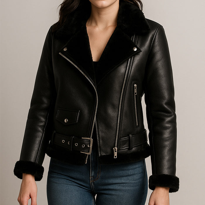 Women&#39;s Black Shearling Stylish &amp; Warm Leather jacket