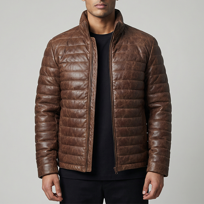 Brown Leather puffer jacket