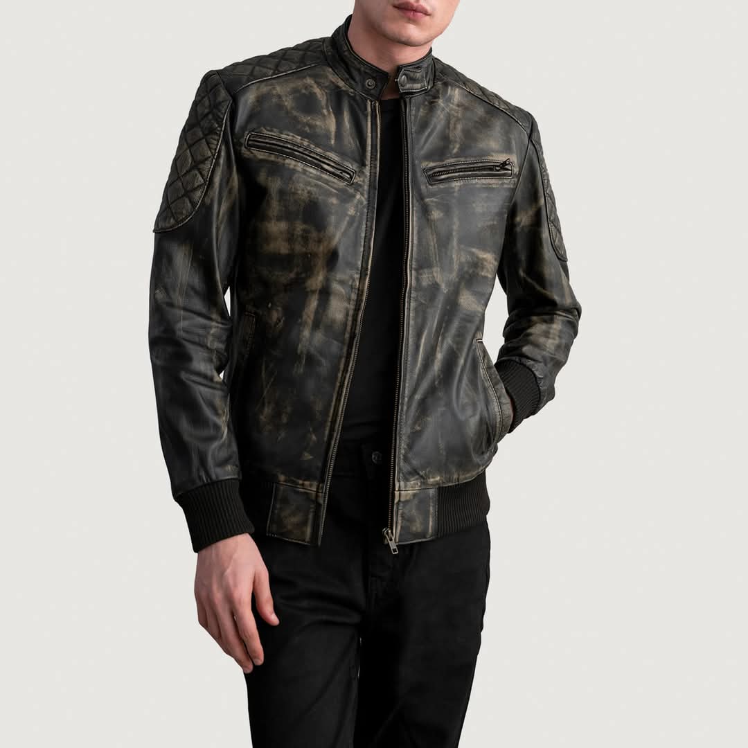 Sven Distressed Brown Leather Bomber Jacket for men's