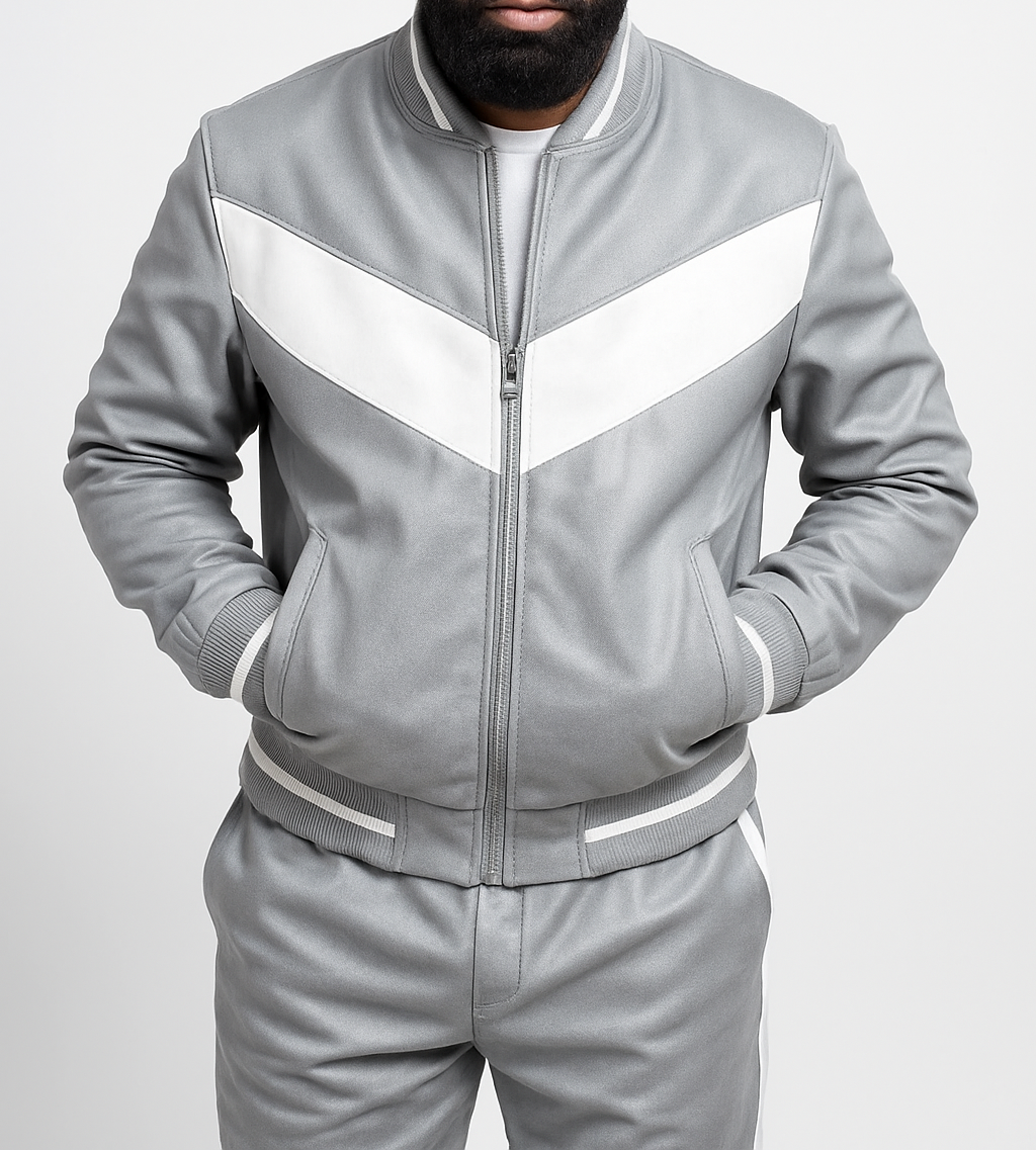 Gray tracksuit with white stripes on a plain background