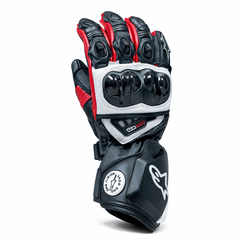 Black, red, and white Alpinestars GP Pro R4 Motorcycle Riding Gloves on a white background