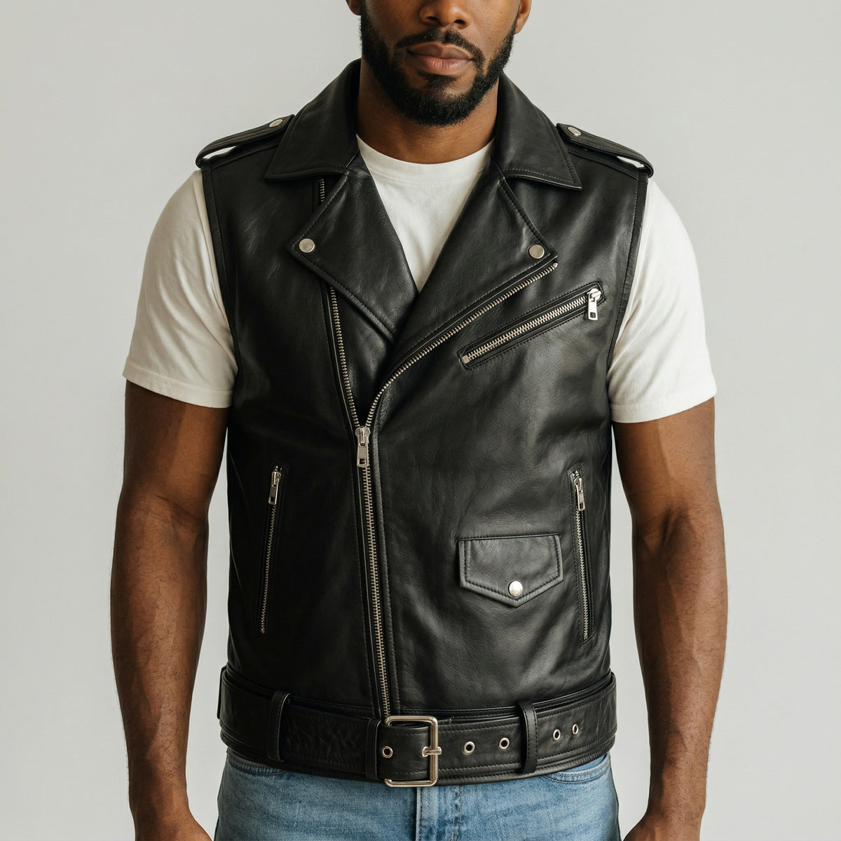 Leather biker West for men's