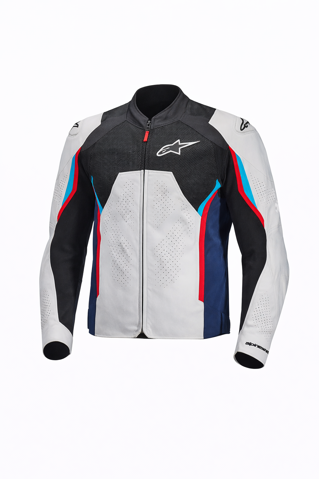 alpinestars v3 air Motorcycle jacket with black, white, blue, and red design on a white background