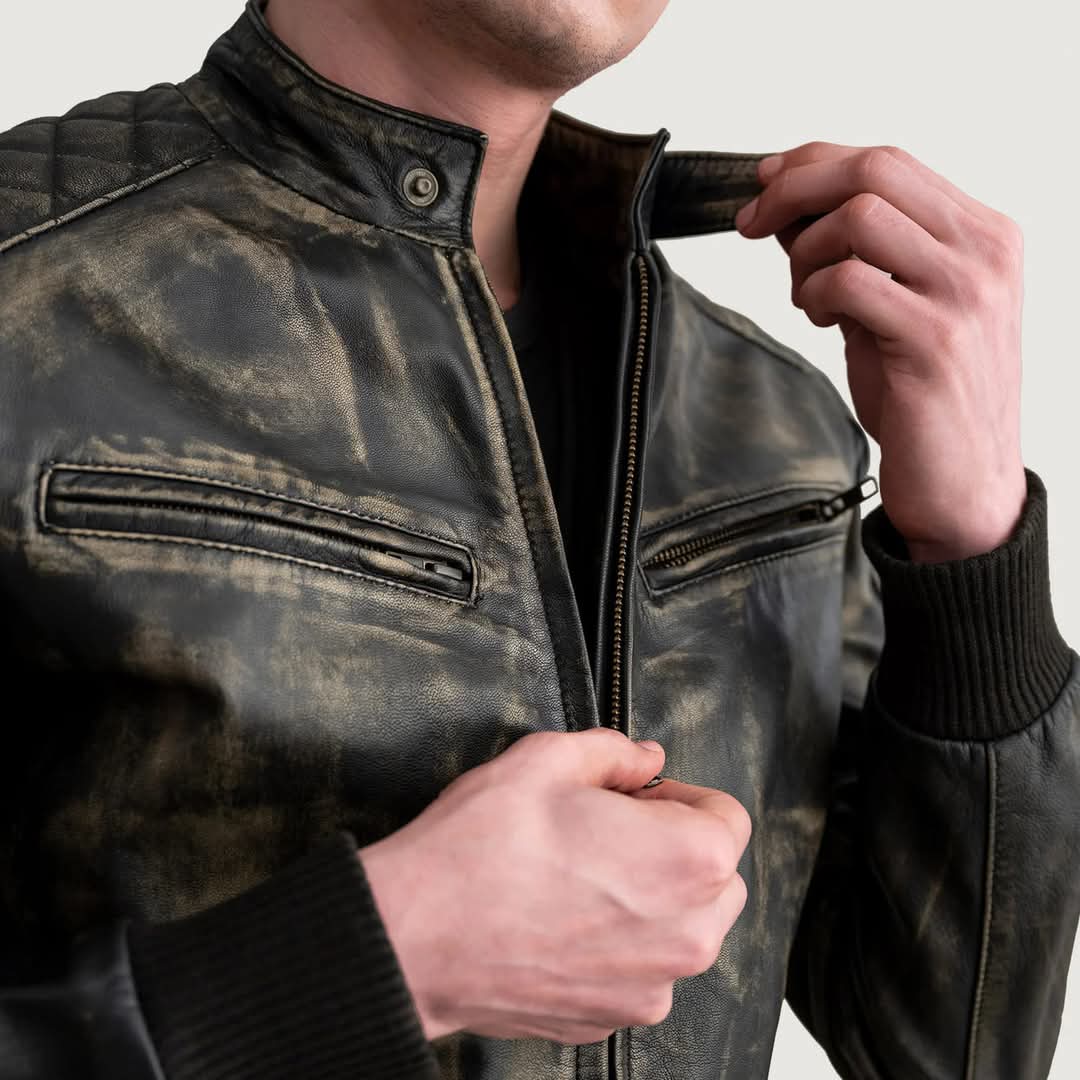 Sven Distressed Brown Leather Bomber Jacket for men's