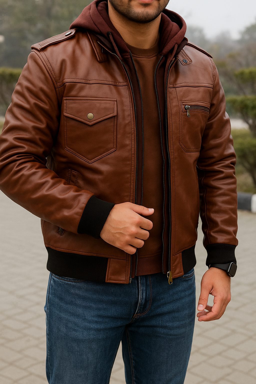 Hooded brown leather biker jacket for men&#39;s
