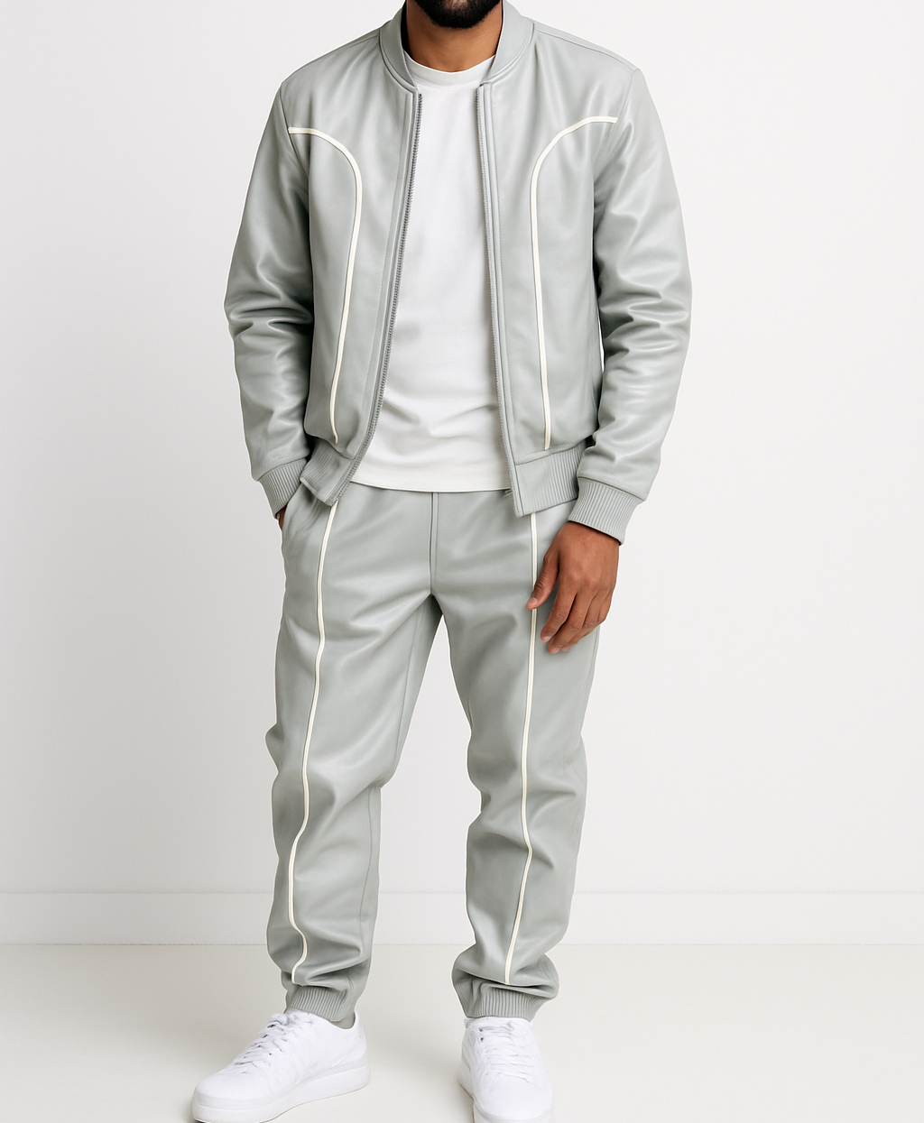 Men's Grey Leather Track Suit Sweatsuit