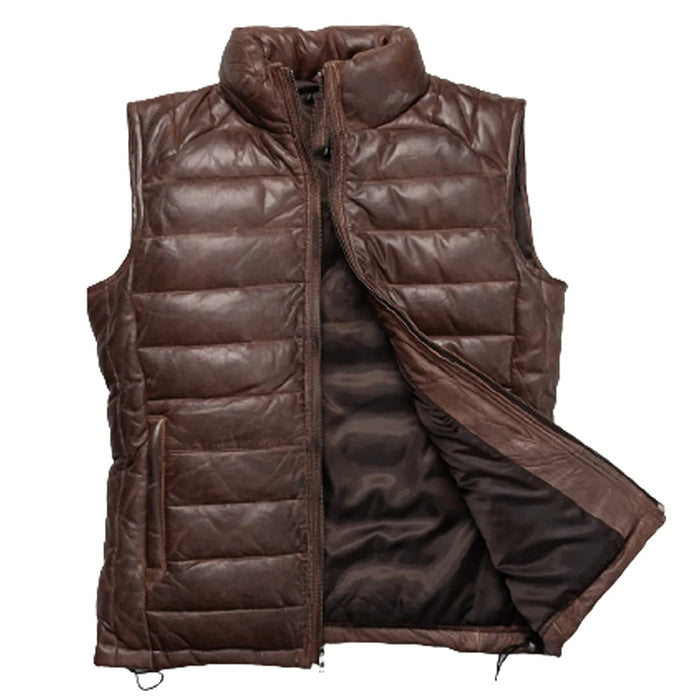 Brown Leather Men&#39;s Puffer Vest Jacket