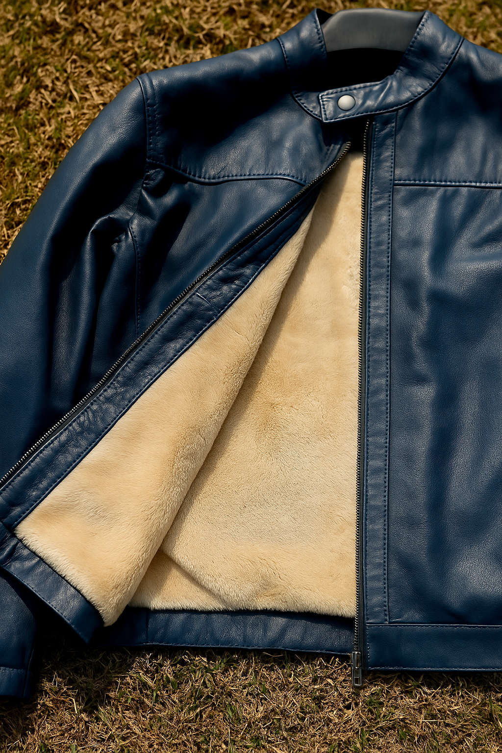 Blue leather jacket with white premium fur