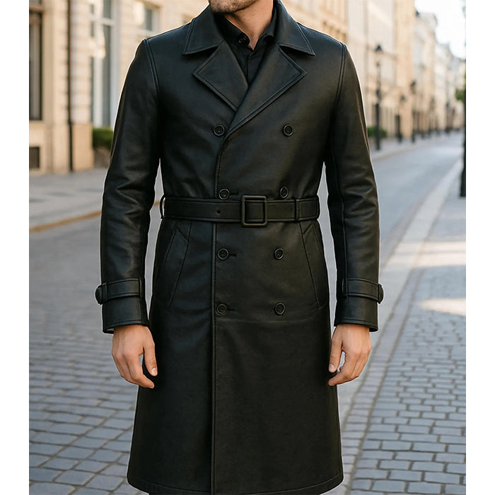 Black long leather coat for men&#39;s