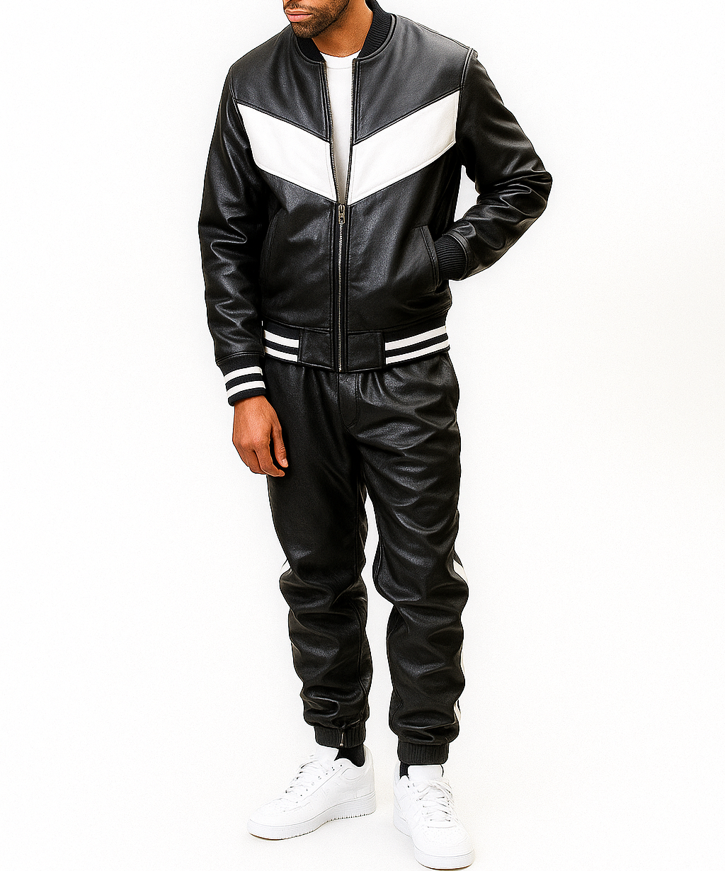 Men's Black Leather Track Suit jogging Sweatsuit