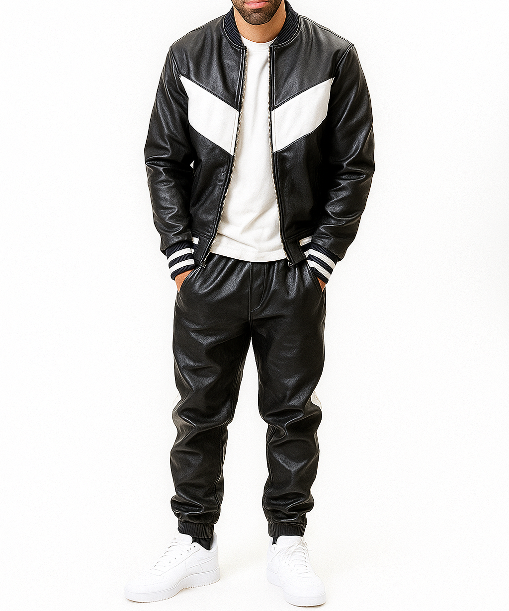 Men's Black Leather Track Suit jogging Sweatsuit
