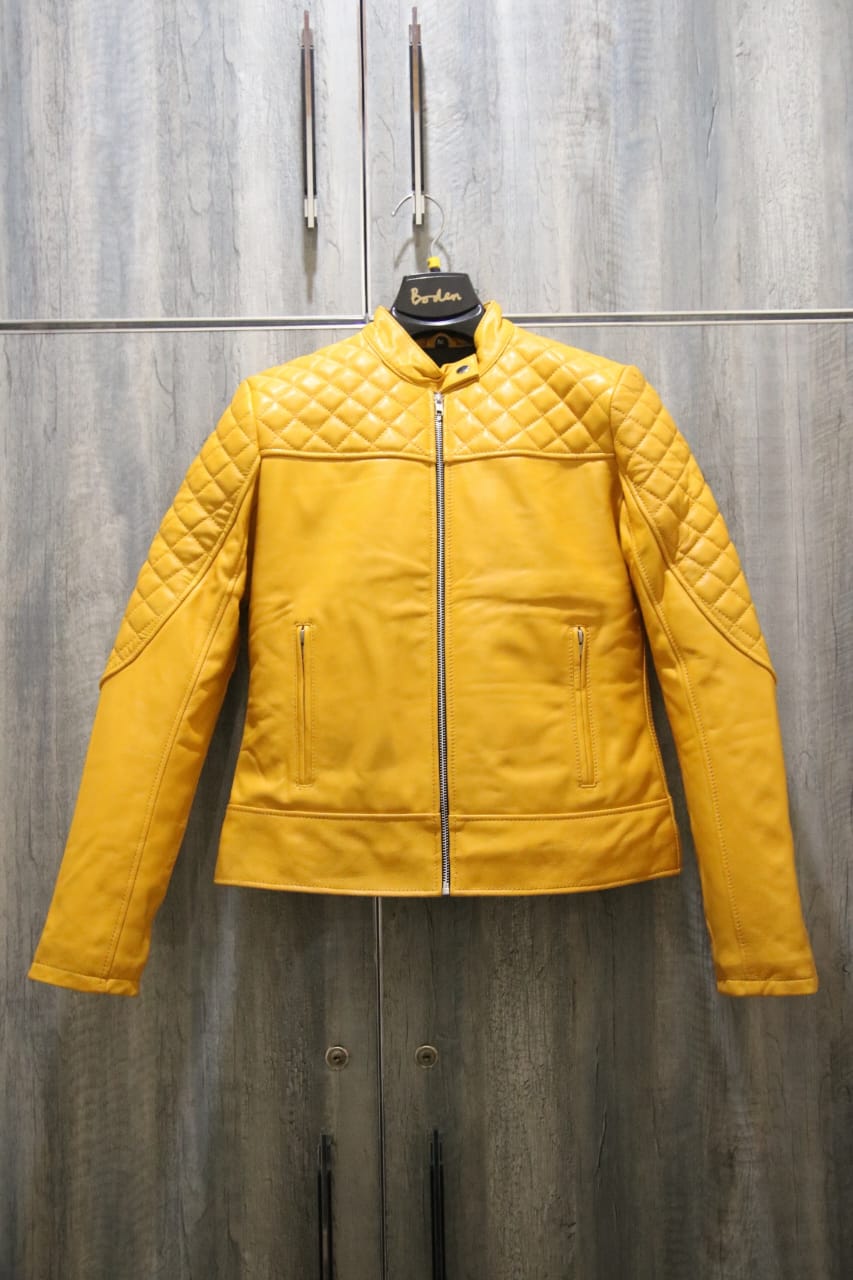 Yellow classic women&#39;s leather jacket
