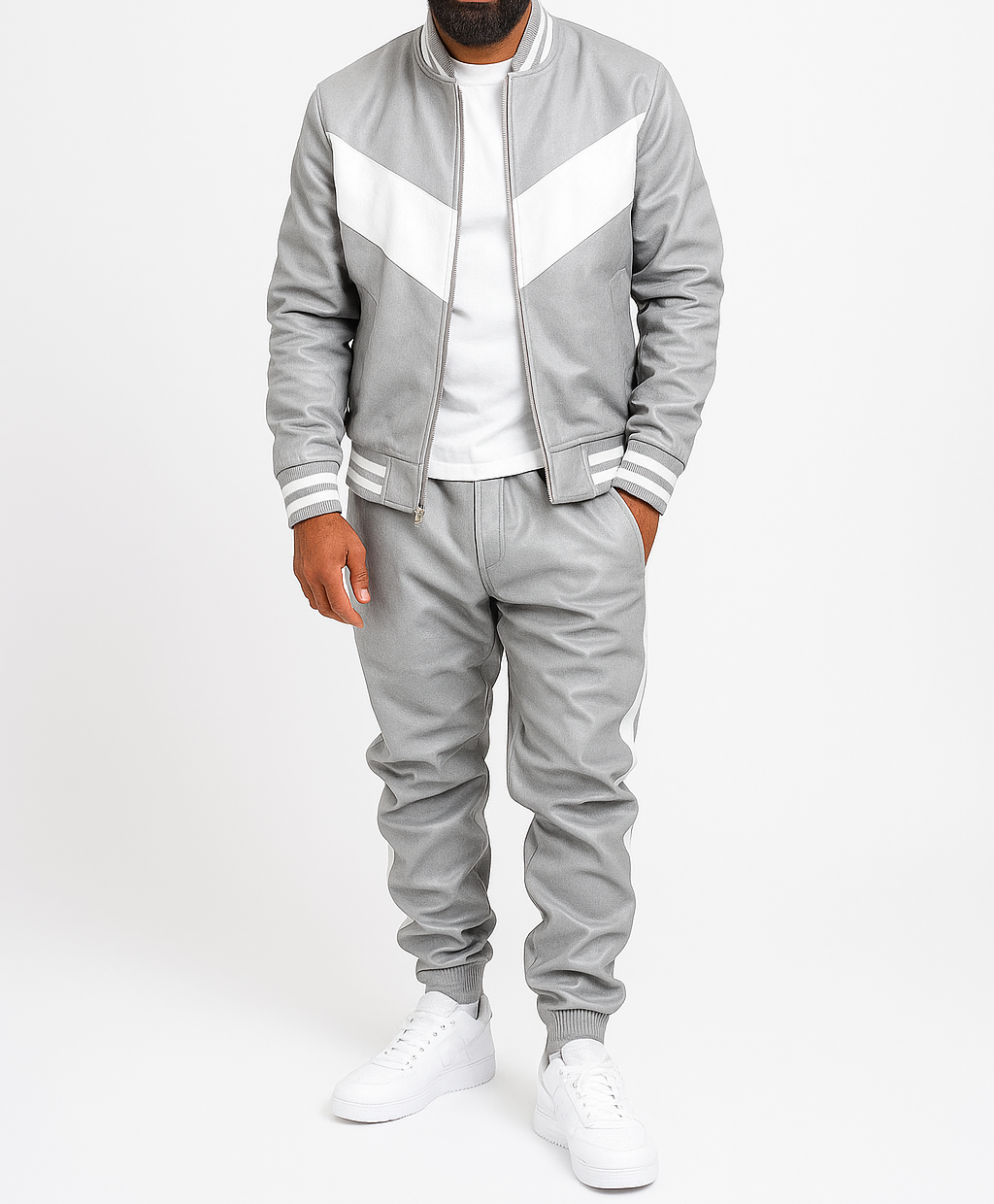 Men's V Grey Leather Track Suit jogging Sweatsuit