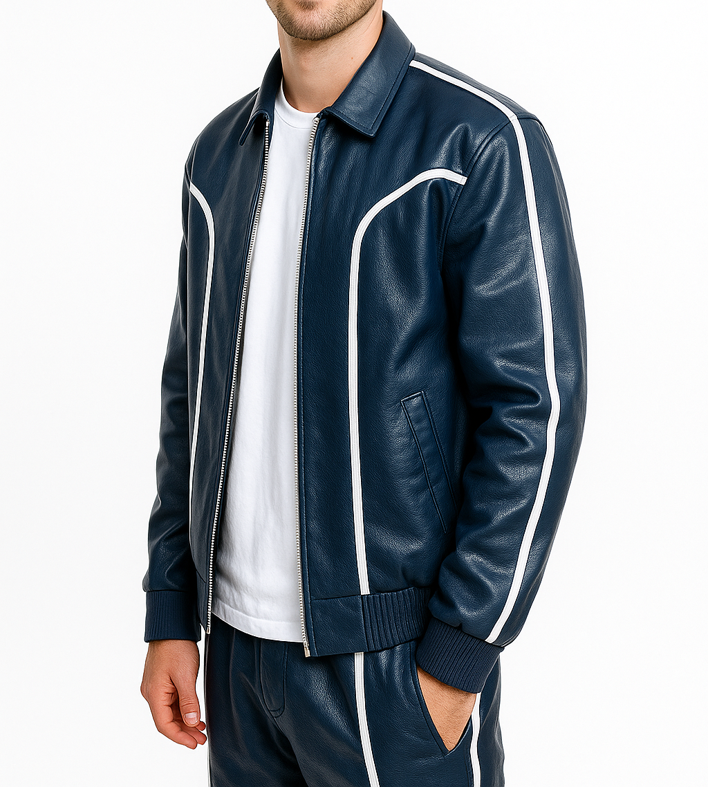 Men's Blue Leather Track Suit Sweatsuit