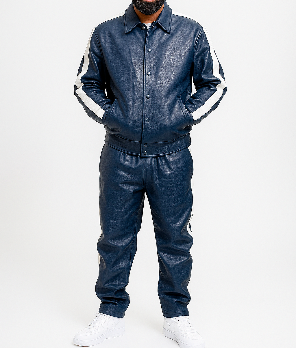 Men's Blue Leather Track Suit jogging Sweatsuit