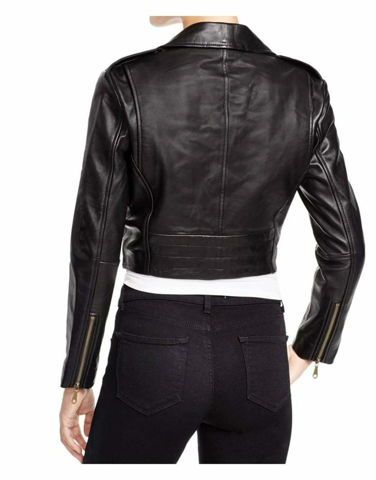Women&#39;s Cropped Belted Black Leather Jacket