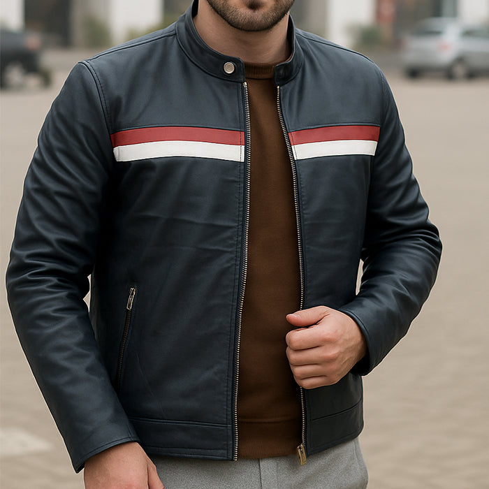 Blue leather jacket for men&#39;s with race winning line