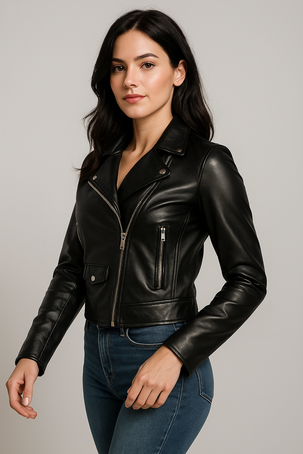 Women&#39;s Slim fit Soft Lamb Skin Black biker leather jacket
