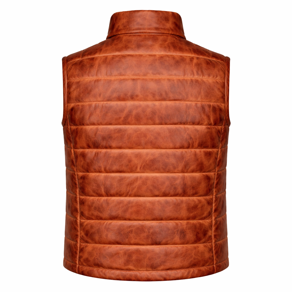Brown Leather Puffer Vest for men's