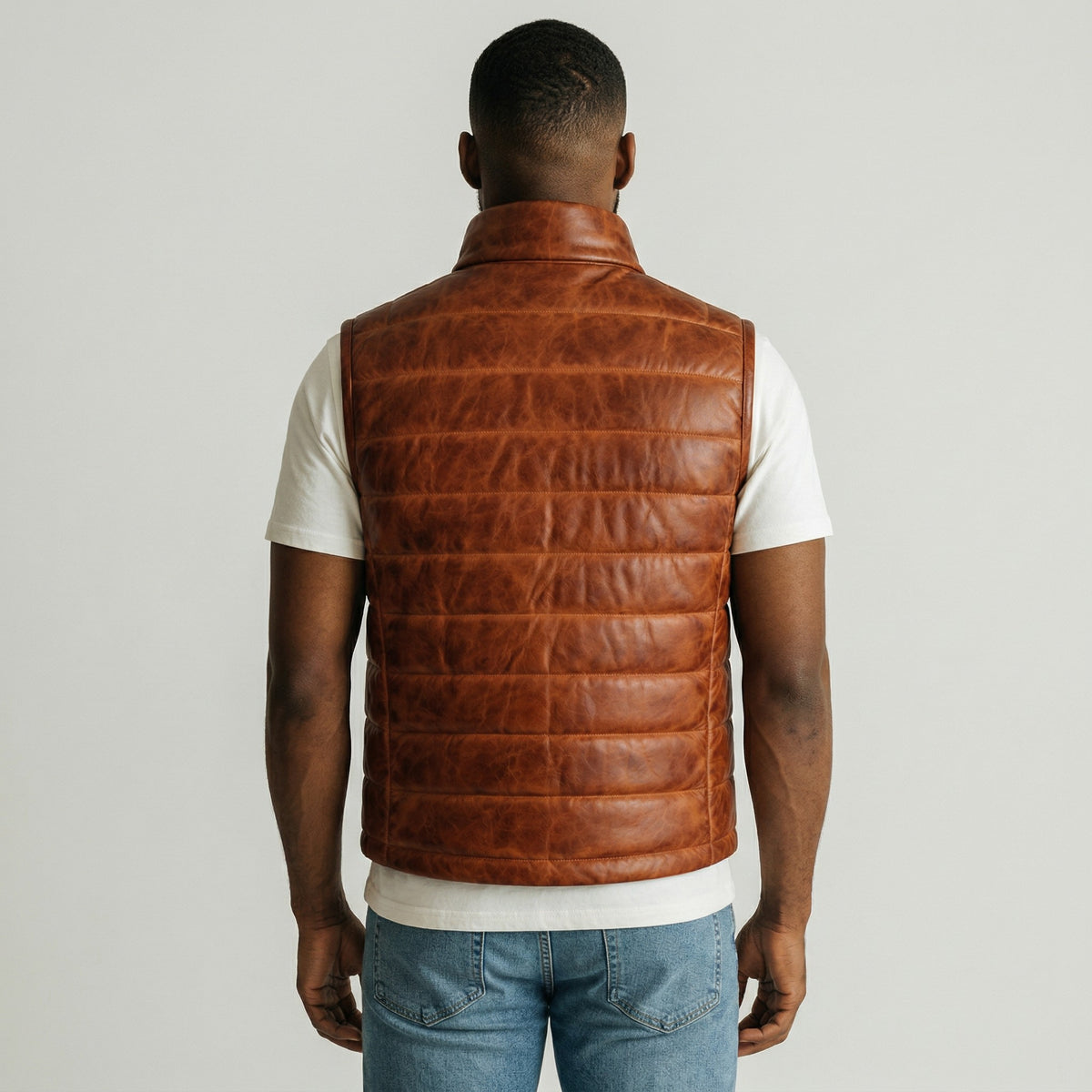 Brown Leather Puffer Vest for men's