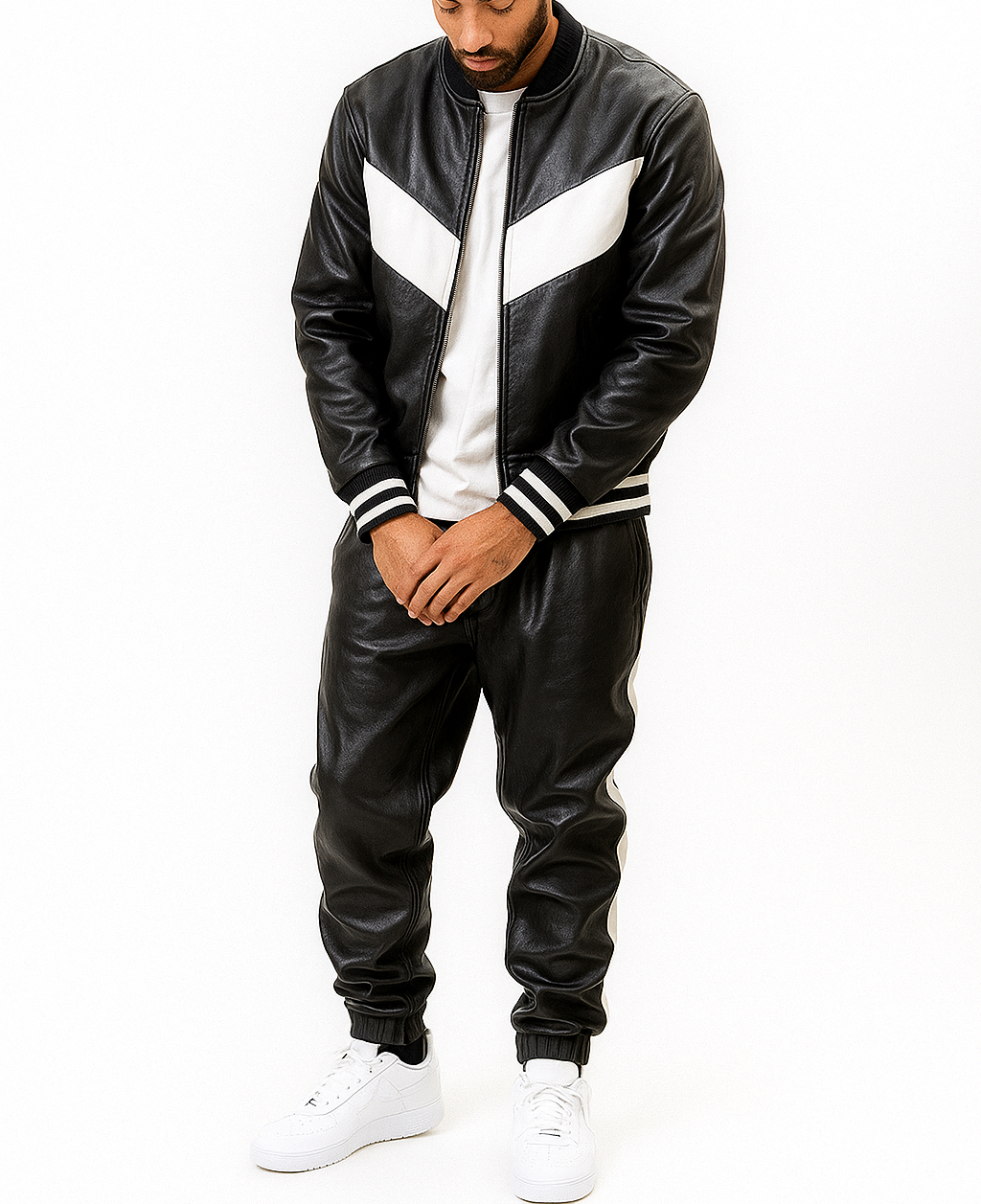 Men's Black Leather Track Suit jogging Sweatsuit