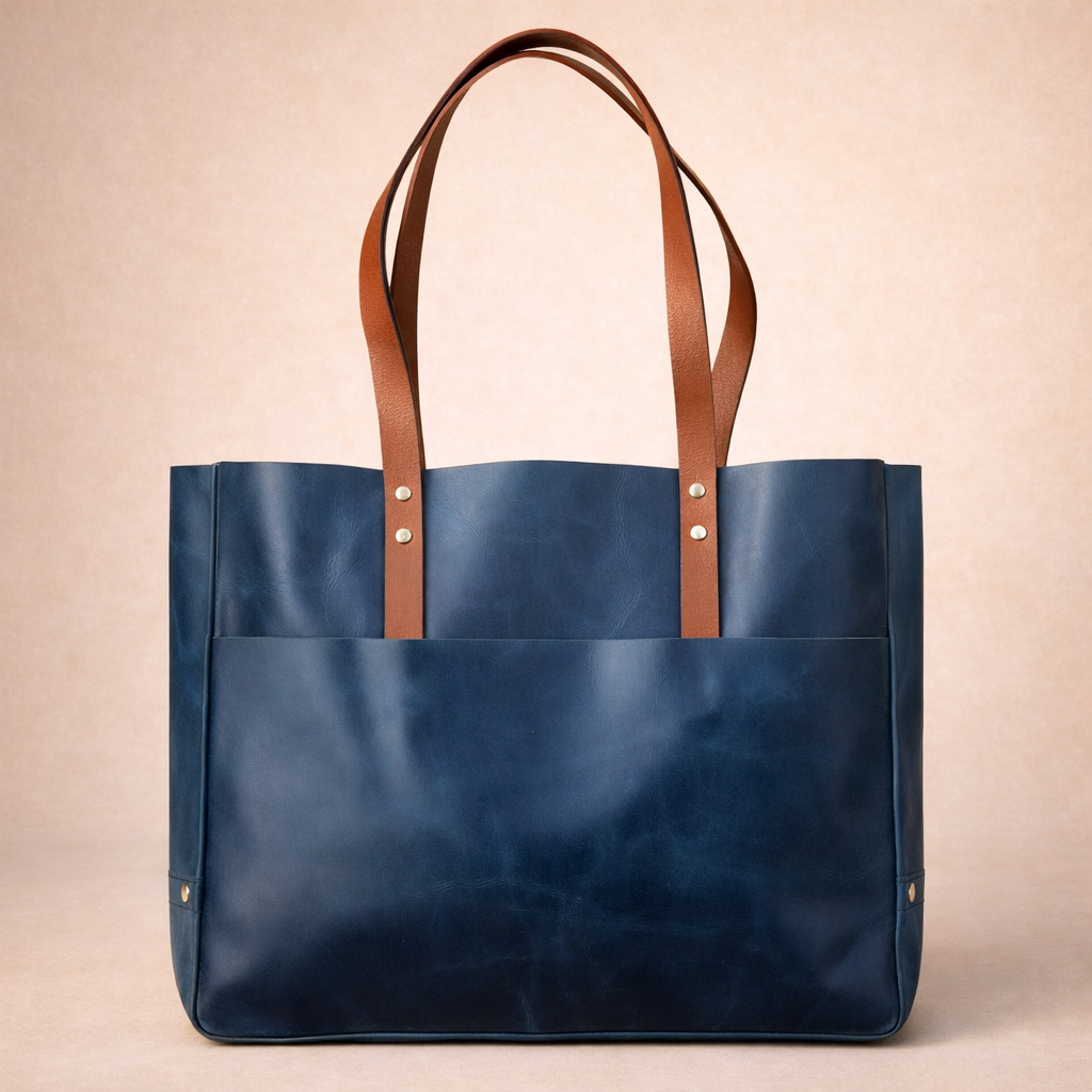 Dark Water Blue Leather Tote Bag for Women – Premium Ladies Shopping Bag