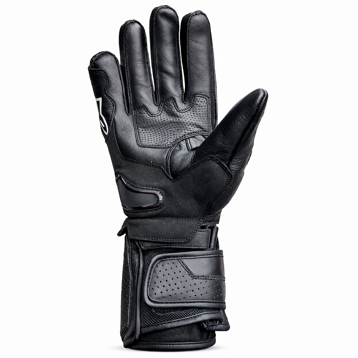 Black leather Alpinestars SP-8 Air Racing Motorcycle Riding Glove on a white background