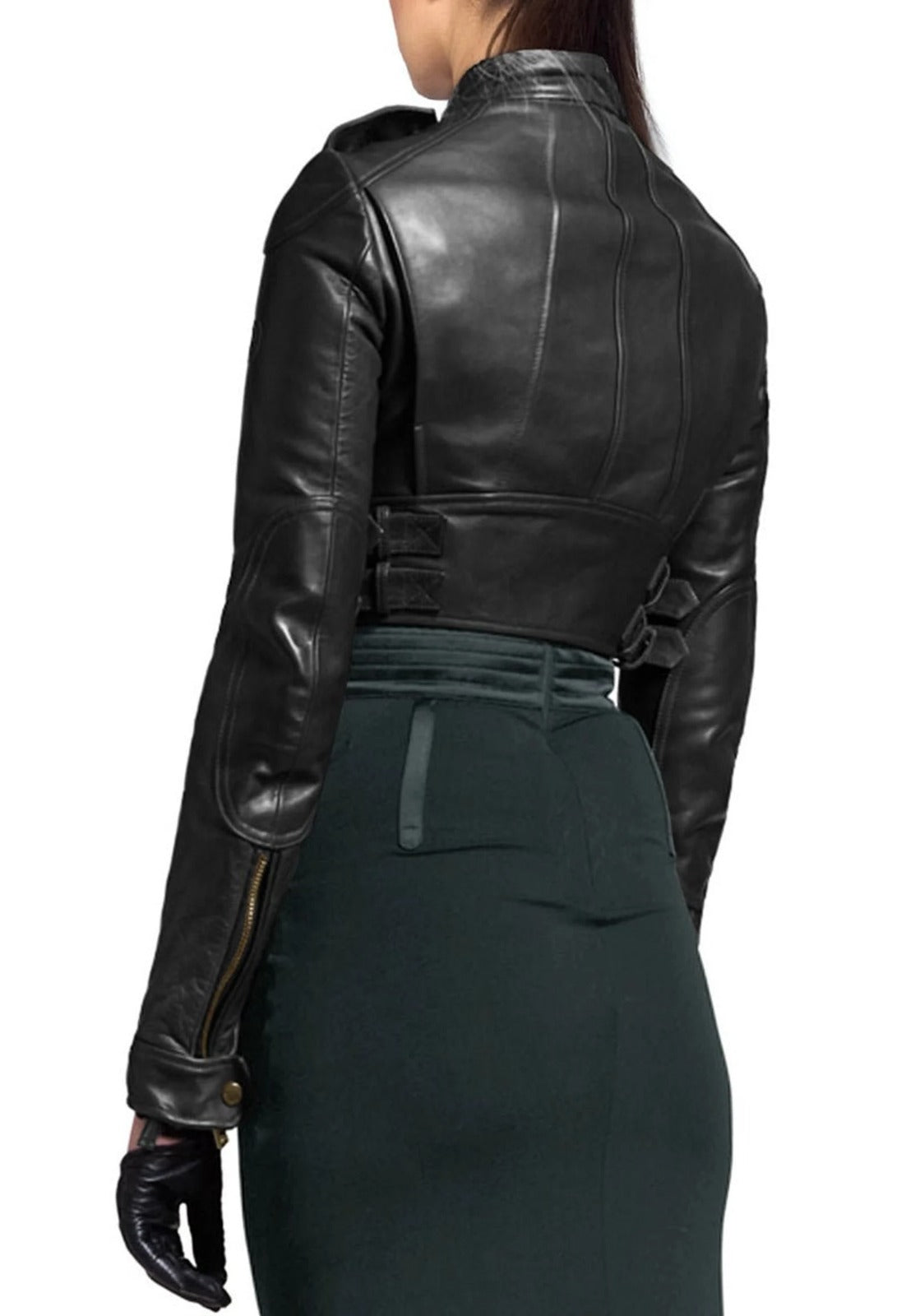Women&#39;s Cropped zipper Black Leather Jacket