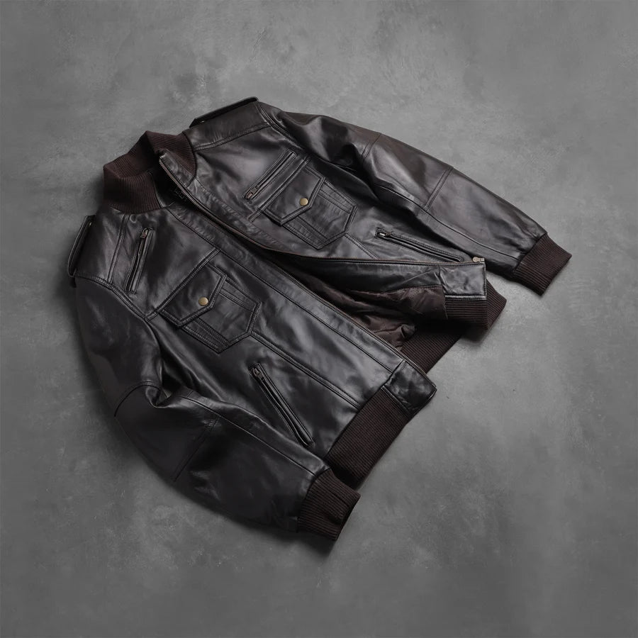 Men's Black Leather Bomber Jacket