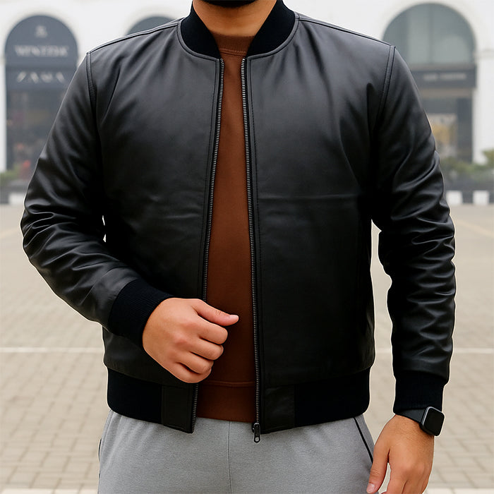 Black Slim Fit Leather Jacket for Men