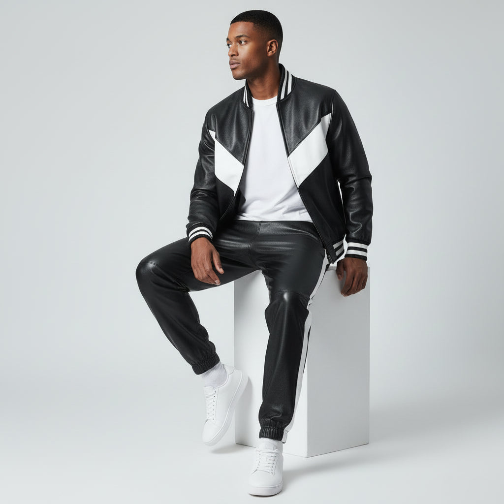 Men's Black Leather Track Suit jogging Sweatsuit